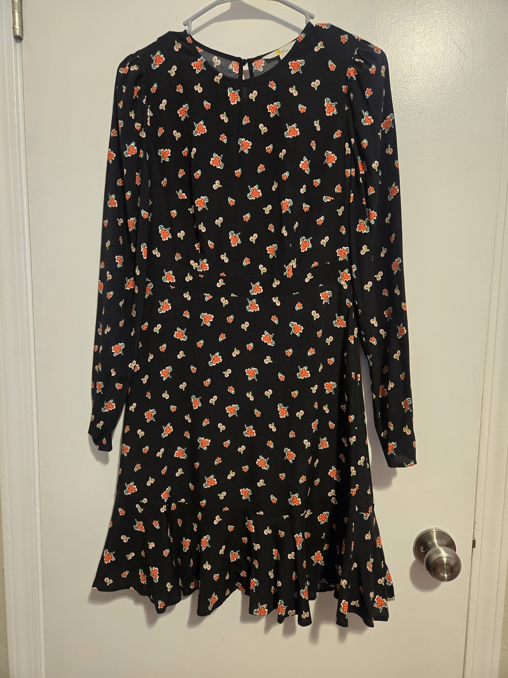 Boden Black Floral Long-Sleeve Ruffle-Hem Dress